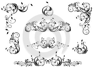 Vintage floral borders, angles and headers vector set. Black and white retro design