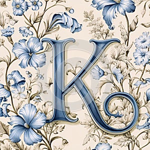 Vintage floral capital letter K with blue flowers and leaves on beige background