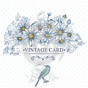 Vintage Floral Card with Birds and Daisies