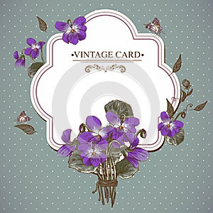 Vintage Floral Card with Violets and Butterflies