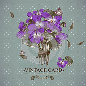 Vintage Floral Card with Violets and Butterflies