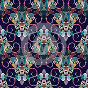 Vintage floral colorful seamless pattern. Dark blue vector background. Hand drawn