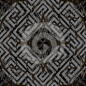 Vintage floral 3d Damask vector seamless pattern. Dark black ornamental geometric greek background. Repeat abstract backdrop. Hand