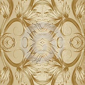 Vintage floral 3d vector seamless pattern. Old style grunge golden background. Gold baroque damask ornament with