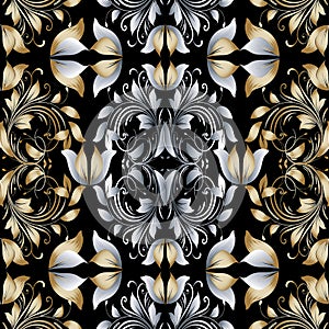Vintage floral damask seamless pattern. Black vector background