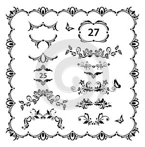 Vintage floral dividers, page ruler and headers vector set. Black and white retro design