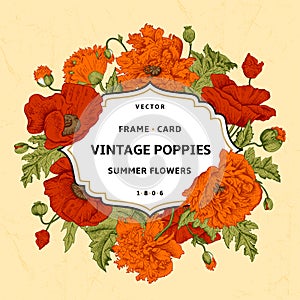 Vintage floral frame with orange, red poppies on a beige background.