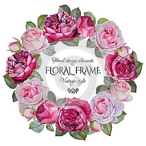 Vintage floral greeting card with a frame of watercolor roses.