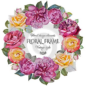 Vintage floral greeting card with a frame of watercolor roses and peonies.
