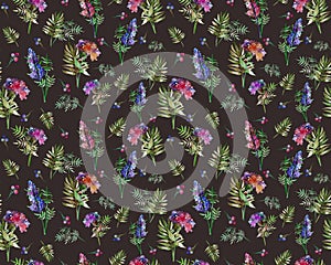 Vintage floral herbs seamless pattern with forest flowers and leaf. Print for textile wallpaper endless. Hand-drawn