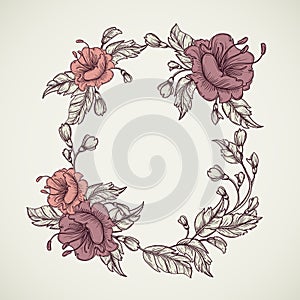 Vintage floral highly detailed hand drawn bouquet of flowers located in elliptical form frame.Retro banner, invitation, wedding ca