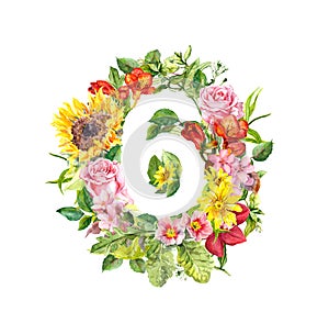 Vintage floral numeral 6 - six from wild flowers and meadow grass. Water color