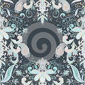 Vintage floral paisley ethnic luxury seamless square pastel colors detail frame pattern on dark grey background