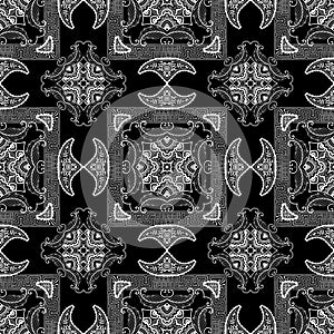 Vintage floral Paisley vector seamless pattern. Ethnic black and white background. Greek style repeat backdrop. Lace