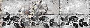 Vintage Floral Patchwork Motif Tiles on Shabby Gray and White Concrete Wall Texture - Seamless Pattern Background for Banner or