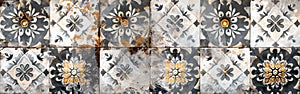 Vintage Floral Patchwork Motif Tiles on Shabby Gray and White Concrete Wall Texture - Seamless Pattern Background for Banner or