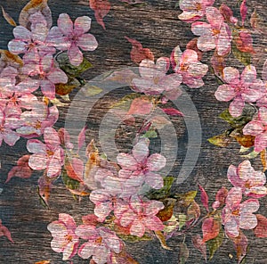 Vintage floral pattern - pink flowers, old wood texture. Watercolor