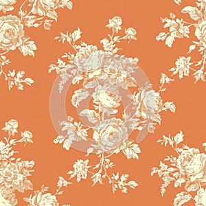 Vintage Floral Pattern with Roses on Orange Background