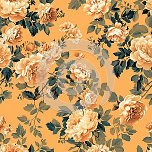 Vintage Floral Pattern on Warm Orange Background