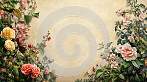 Vintage Floral Roses Texture with Beige Wall Background Design and Decorative Pattern