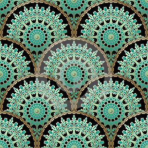 Vintage floral round green and gold tiled mandalas seamless pattern. Ornamental beautiful vector background. Decorative repeat