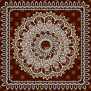 Vintage floral round mandala seamless pattern. Surface textured ornamental dark red background. Gold ornate flower. Stitching.