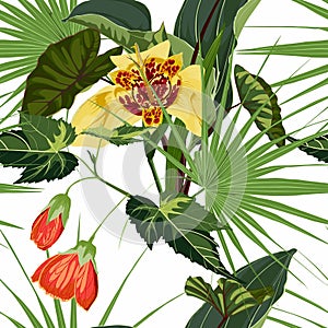 Vintage floral seamless background pattern. Beautiful lilies flower with tigridia, orchids and palm leaves.