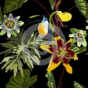 Vintage floral seamless background pattern. Beautiful lilies, orchids flower with palm monstera leaves.