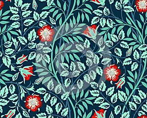 Vintage floral seamless pattern background with red roses and foliage in the dark. Vector illustration. photo