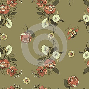 Vintage floral seamless pattern. Blooming dark flowers, Victorian wildflowers