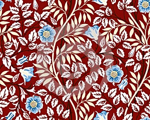 Vintage floral seamless pattern with blue flowers and foliage on burgundy background Unreal colors Vector illustration