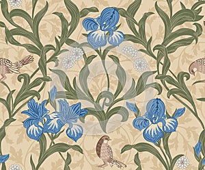 Vintage floral seamless pattern with blue flowers and foliage on light background. Vector illustration.