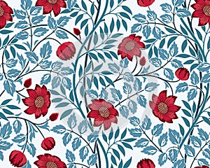 Vintage floral seamless pattern with burgundy flowers and blue foliage on light background. Vector illustration.