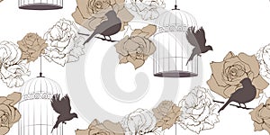 Vintage floral seamless pattern with cage of birds and roses on white background. Brown colors. Retro Endless texture