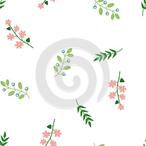 Vintage floral seamless pattern with flowers, leaf. Floral vector background. Delicate pink green on white.