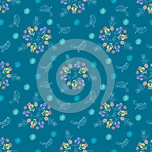 Vintage floral seamless pattern iris and birds