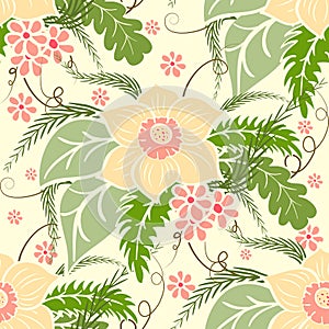 Vintage floral seamless pattern. Large bouquets of flowers and leaves on a light background.