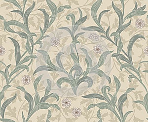 Vintage floral seamless pattern with leaves on light background. Vector illustration. photo