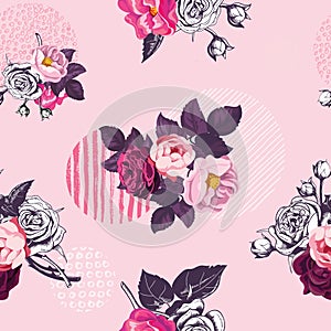 Vintage floral seamless pattern with monochrome and colored wild roses and circles with grungy textures on pink