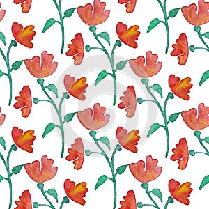 Vintage floral seamless pattern with red flowers and leaf. Print for textile wallpaper endless. Hand-drawn watercolor