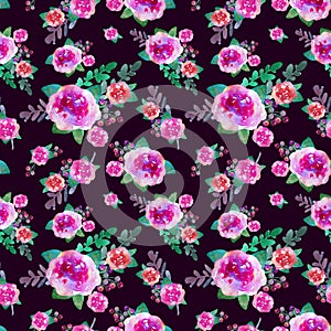 Vintage floral seamless pattern with rose flowers and leaf. Print for textile wallpaper endless. Hand-drawn watercolor