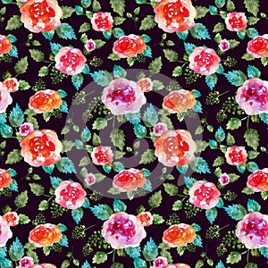 Vintage floral seamless pattern with rose flowers and leaf. Print for textile wallpaper endless. Hand-drawn watercolor