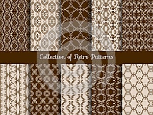 Vintage floral seamless pattern set. Retro asian tile samples on sepia background