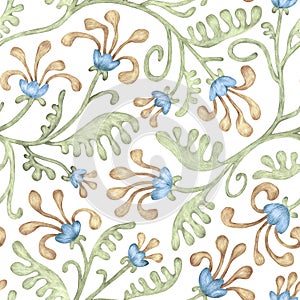 Vintage floral seamless pattern for textiles. Branches with leaves and flowers. Ornament drawn on paper with pencils. Elegant