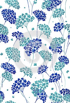 Vintage floral seamless pattern. Watercolor painting blue and turquoise twigs with small flowers with silver contours