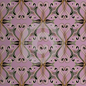 Vintage floral vector seamless pattern. Abstract damask pink background wallpaper with gold black line art tracery