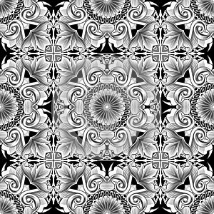 Vintage floral vector seamless pattern. Greek ornamental background. Line art tracery black and white greek key meanders