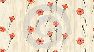 Vintage Floral Wallpaper Pattern with Red Poppies on Wood Texture