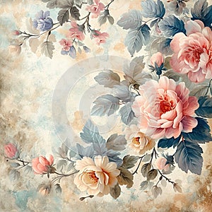 Vintage Floral Wallpaper with Pink Roses