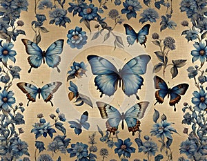 Vintage floral wallpaper vertical pattern with butterflies